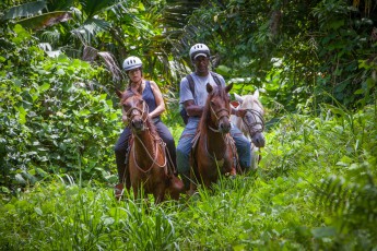 Zwei Reiter queren das Dickicht, ein drittes Pferd läuft am Zügel mit – Annette und unser Guide auf dem Anwesen Selva Bananito von Jürgen Stein.