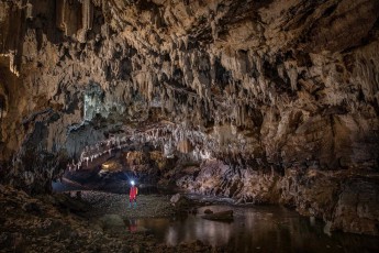Tropfsteinzapfen hängen wie versteinerte Zähne oder Stacheln von der Decke dieser Kammer der Pivka-Höhle.