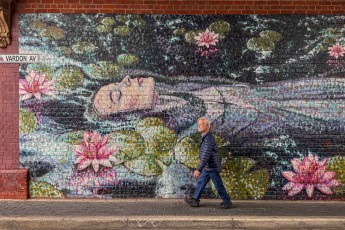 Vardon Avenue, Adelaide: Ein Passant streift an Jimmie C's Ophelia vorbei – Shakespeares schlafende Tragödin, eingebettet in Seerosen.