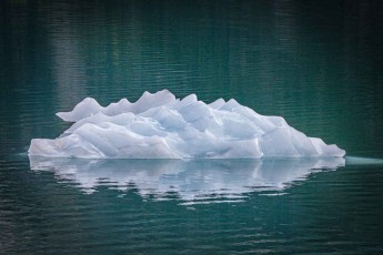 Drifting ice on the milky-turquoise surface of Buehler Lake – jagged edges betray a recent calving from the glacier above.