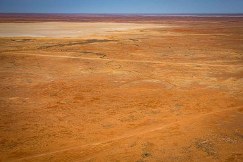 Ockerfarbene Salzebenen, gemustert wie gerissene Haut, dehnen sich bis zum Horizont. Der helle schmalle Strich im Vordergrund ist eine Offroadpiste.