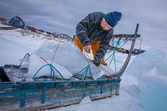 Ein Mann befestigt Eisblöcke auf seinem Holzschlitten, die er zuvor aus einem Eisberg gehackt hat. In Oqaatsut, wo kein Süßwasserleitungsnetz existiert, ist dies seit Jahrhunderten Trinkwassergewinnung der Einwohner.
