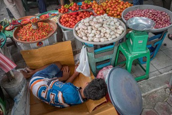Flachgetretener Karton als Matratze, darüber Knoblauch, Schalotten und die Federwaage – im Gedränge des Marktes von Ambon schläft man, wo man arbeitet.