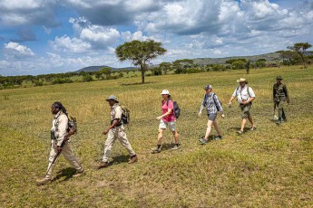 Zu Fuß durch die Serengeti, vorn die Guides, hinten der Ranger mit Gewehr, dazwischen Annette. Ohne bewaffnete Begleitung erlaubt die Parkverwaltung keine Fußsafari.