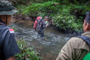 Spätnachmittags erreichen wir einen größeren Fluss. „Nur noch ein paar Minuten flussaufwärts liegt ein Wasserfall, da schlagen wir unsere Zelte auf.“ informiert Siid. Zwei Ranger gehen vor, um den Zeltplatz zu inspizieren. Nach ein paar Minuten sind sie zurück. Aufgeregte Worte auf Bahasa, der Hauptsprache Indonesiens, gehen hin und her. Siid wendet sich mir zu: „Wir können da oben nicht zelten. Im Wasser liegt ein 7 Meter langer Phython.“