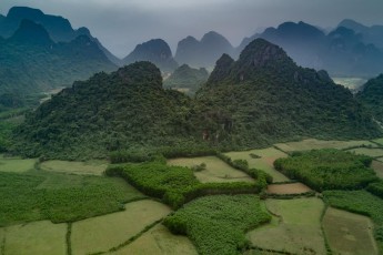 Bei Phong Nha, Vietnam. Außerhalb des Nationalparks werden die wenigen Flächen zwischen den schroffen dichtbewachsenen Karstfelsen für den Anbau von Reis und Gemüse genutzt.