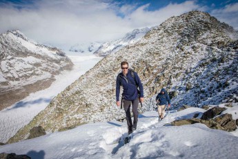 Brendon and Hassen return from their Eggishorn summit exploration (right), on the left the Aletsch Glacier stretches up to Konkordia, a six-square-kilometre expanse of ice.