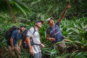 Irvin Torribio zeigt Ambros und Javier einen Geoffroy-Perückenaffen, den er kurz zuvor in einem Baum entdeckt hat.