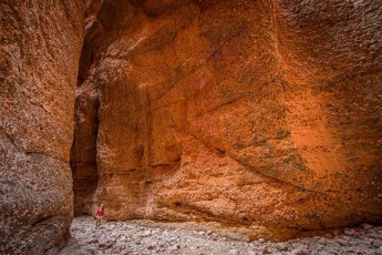 Echidna Chasm verengt sich zu einem schmalen Spalt, kaum schulterbreit. Die senkrechten Felswände ragen über 100 Meter empor, während ein goldener Lichtstrahl den Weg weist.