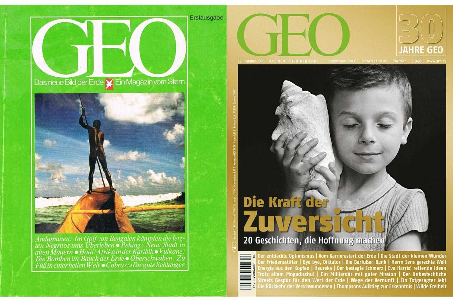 The first GEO issue and the anniversary issue for its 30th birthday