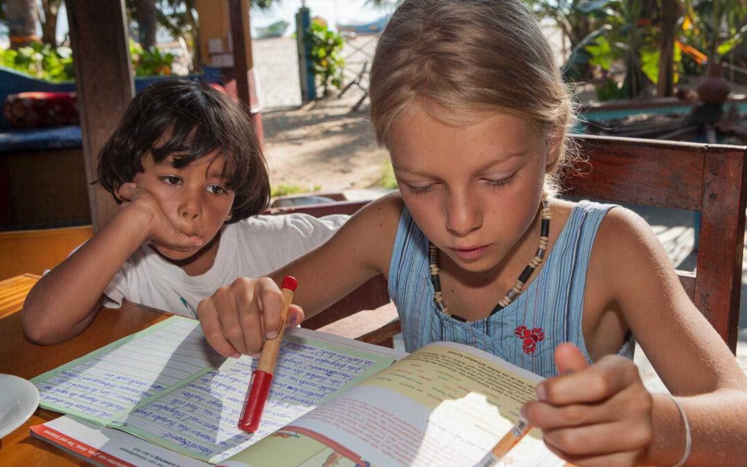 Amelie, 11, goes to school on the balcony