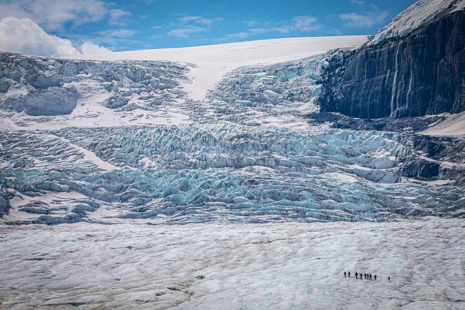 The grandeur and majesty of nature: a group of hikers, looking like ants, carefully make their way across the rugged, turquoise-blue Athabasca Glacier in Alberta, Canada.