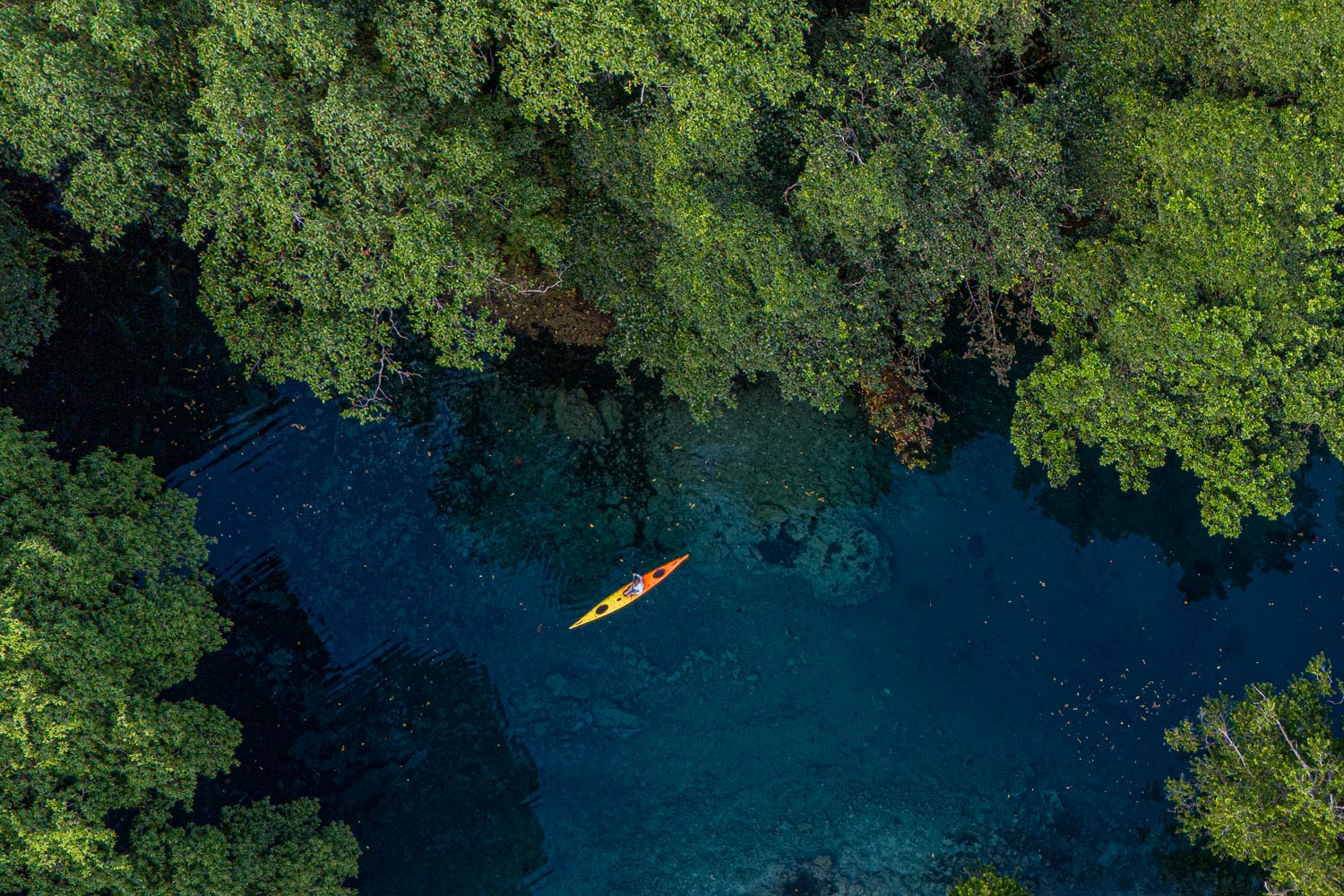 Ein gelbes Kajak auf tiefblauem Wasser, umgeben von Regenwald, aus der Luft fotografiert.